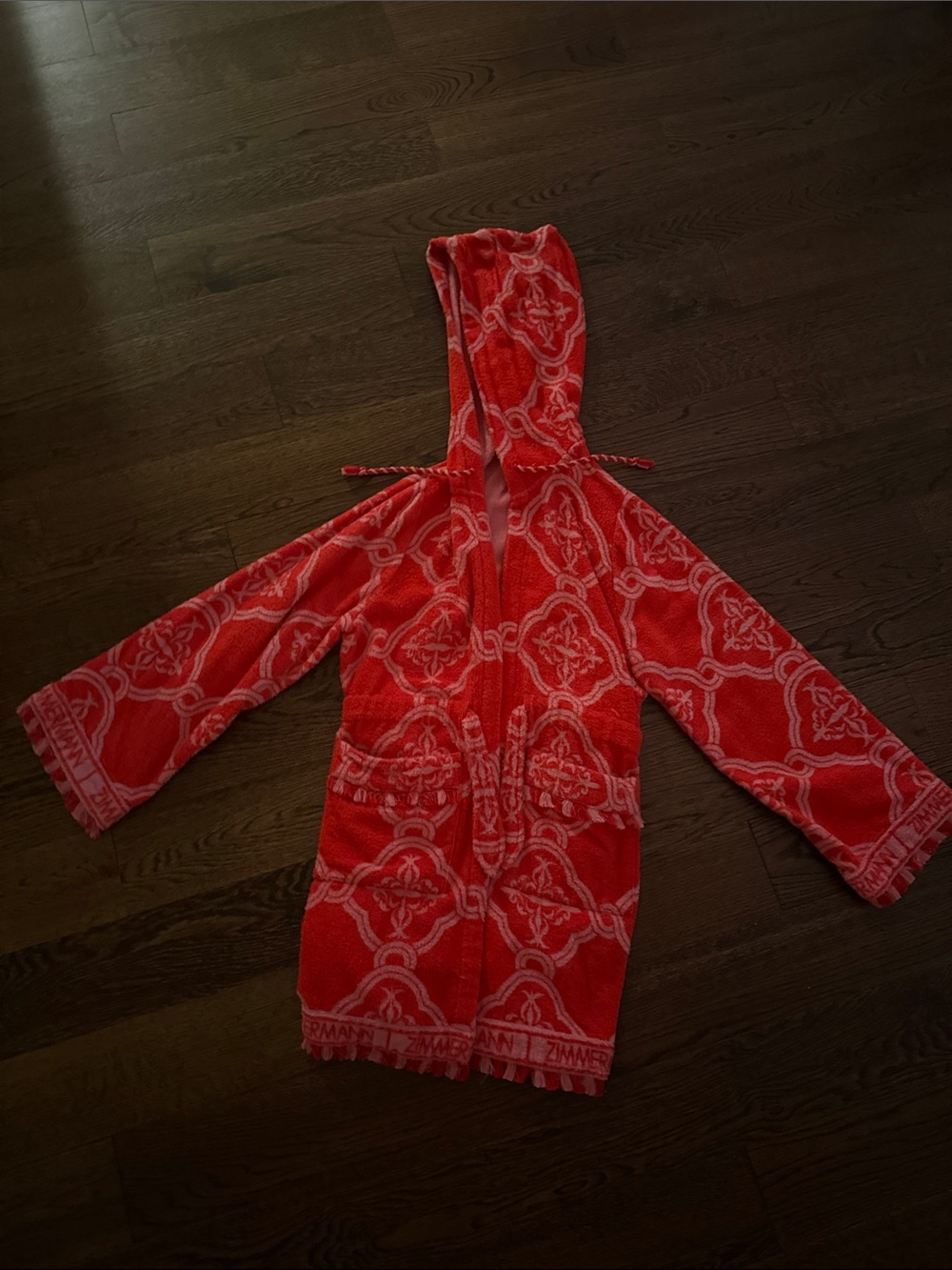 Kids Zimmermann Red Hooded One-Piece Bathrobe with Pattern